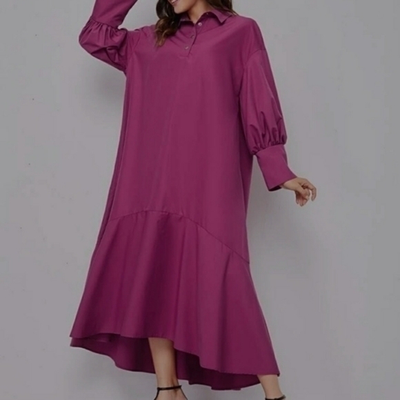 Shein Lantern Sleeve Asymmetrical Ruffle Hem Half Button Placket Dress - Picture 5 of 14